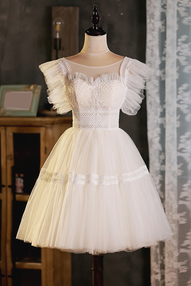 Pearls Champagne Tulle Short Homecoming Dress