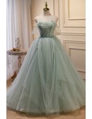 Gorgeous Formal Long Light Green Prom Dress Off Shoulder with Train