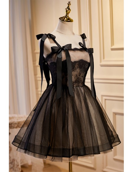 Unique Little Black Short Tulle Hoco Dress with Bow Knot Straps