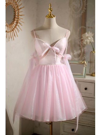Super Cute Pink Short Cutout Homecoming Dress with Straps Bow Knot