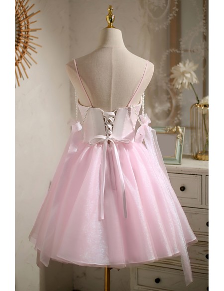 Super Cute Pink Short Cutout Homecoming Dress with Straps Bow Knot