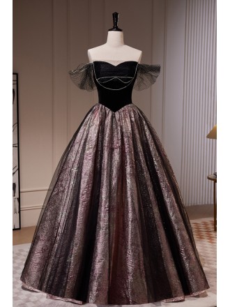 Unique Formal Long Metallic Ballgown Prom Dress with Mesh Off Shoulder