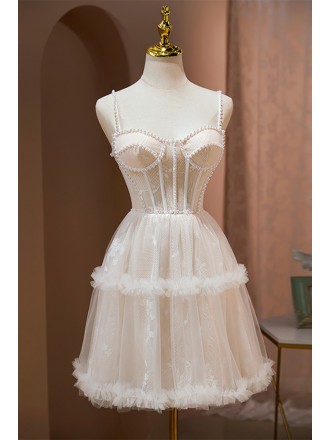Gorgeous Nude Short Tulle Beaded Corset Top Homecoming Dress with Straps
