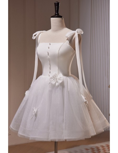 Polka Dots Short Tulle Ballgown White Homecoming Dress with Butterflies Straps