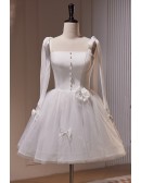 Polka Dots Short Tulle Ballgown White Homecoming Dress with Butterflies Straps