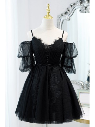Gothic Black Tulle Lace Short Homecoming Dress with Cold Shoulder