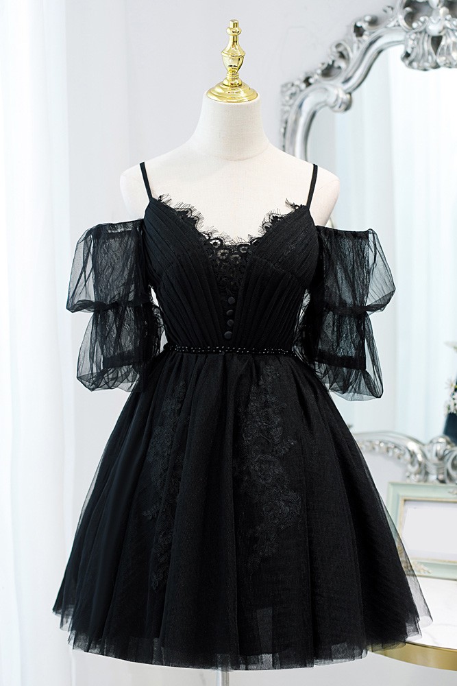 short black tulle dress Black Tulle Short A-Line Prom Dress, Black Evening Party Dress Custom Size / Black main image 1