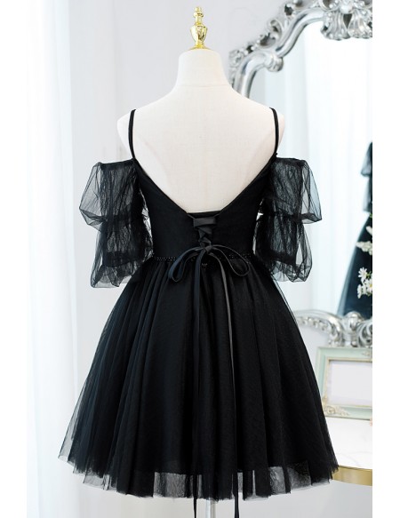 Gothic Black Tulle Lace Short Homecoming Dress with Cold Shoulder