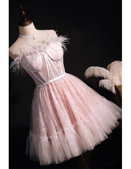 Cute Pink Tulle Lace Short Homecoming Dress with Feathers