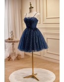 Lovely Navy Blue Polka Dot Short Homecoming Dress with Straps