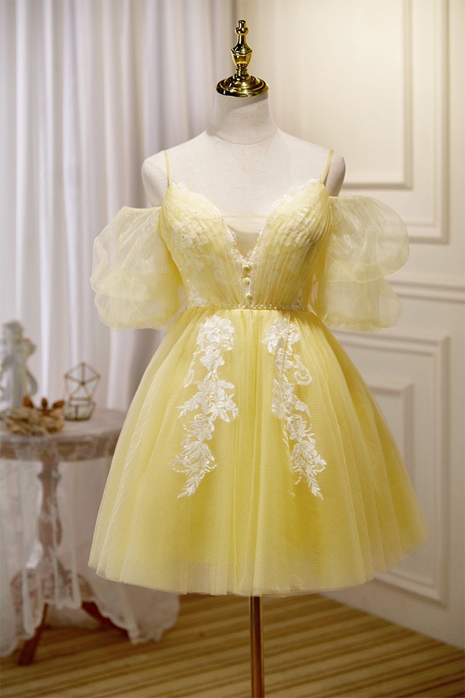 Yellow Short Tulle Vneck Appliques Homecoming Dress with Straps Cold ...