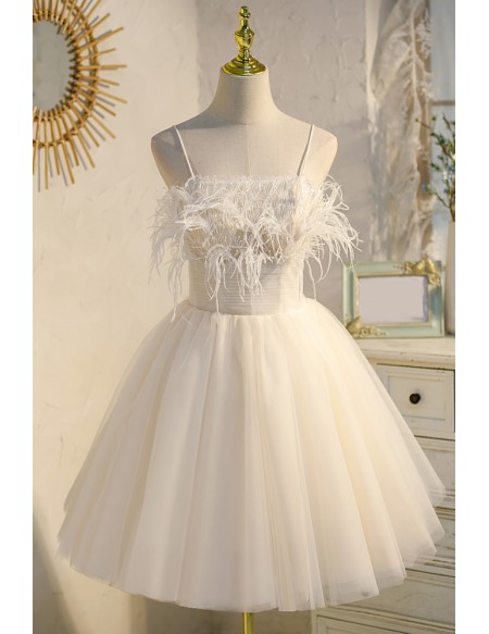 Cute Light Champagne Short Tulle Homecoming Dress with Feathers