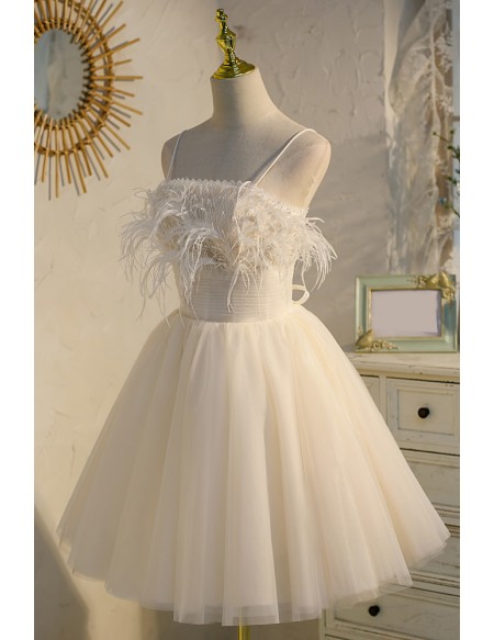 Cute Light Champagne Short Tulle Homecoming Dress with Feathers