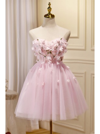 Lovely Pink Flowers Short Tulle Homecoming Dress Strapless