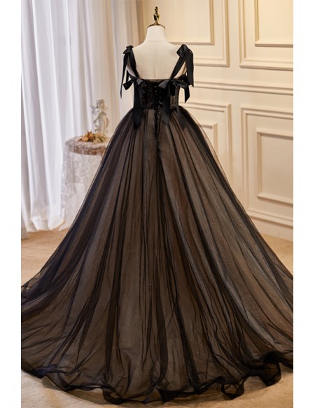 Black Lace And Tulle Ballgown Evening Prom Dress with Bow Knot Straps # ...