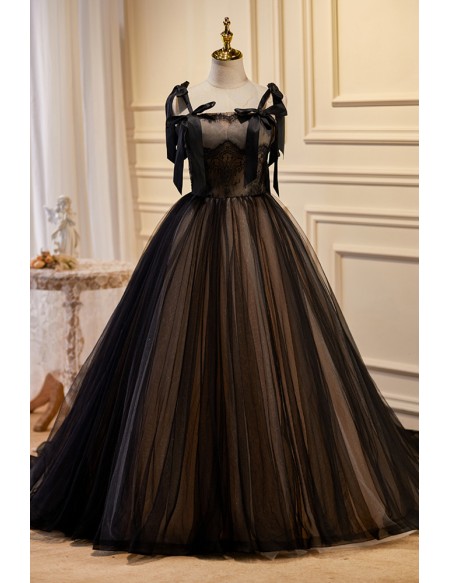 Black Lace And Tulle Ballgown Evening Prom Dress with Bow Knot Straps