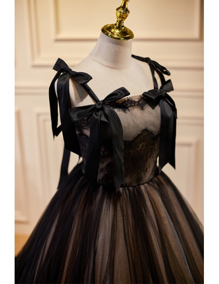 Black Lace And Tulle Ballgown Evening Prom Dress with Bow Knot Straps