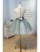 Grey Ballgown Tulle Short Homecoming Dress with Handmade Flowers