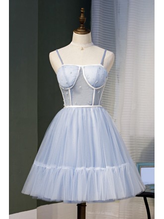 Blue Tulle Corset Top Short Homecoming Dress with Spaghetti Straps