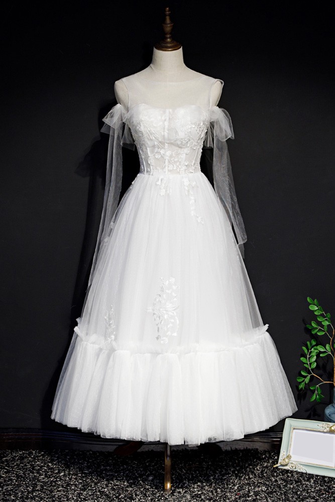 Fairytale White Tea Length Tulle Party Dress with Appliques #GR79018 ...