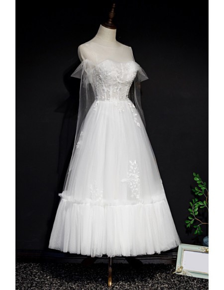 Fairytale White Tea Length Tulle Party Dress with Appliques