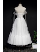 Fairytale White Tea Length Tulle Party Dress with Appliques