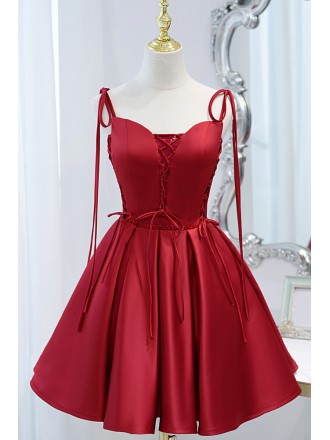 Chic Burgundy Red Satin Ruffled Short Prom Homecoming Dress with Straps