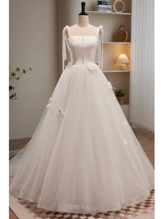 Polka Dots Long Tulle Ballgown White Prom Dress with Butterflies Straps
