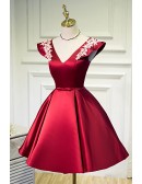 Burgundy Red Satin Vneck Party Homecoming Dress with Appliques