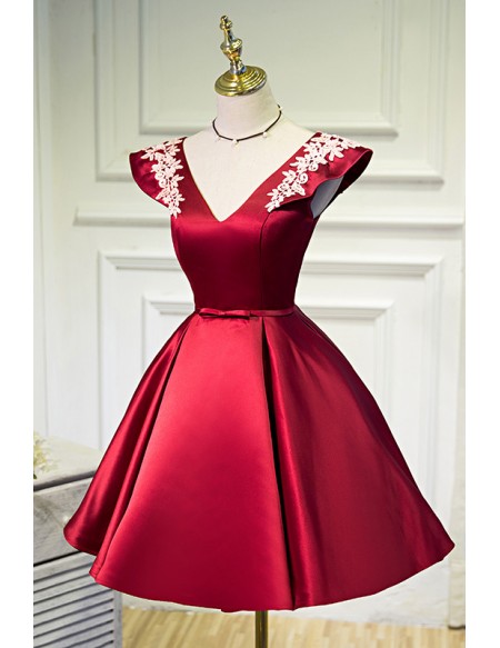Burgundy Red Satin Vneck Party Homecoming Dress with Appliques