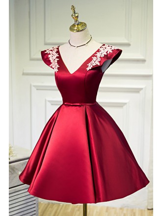 Burgundy Red Satin Vneck Party Homecoming Dress with Appliques