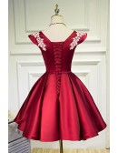 Burgundy Red Satin Vneck Party Homecoming Dress with Appliques