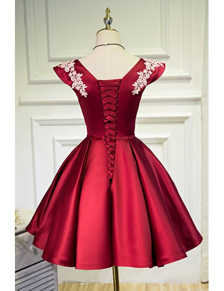 Burgundy Red Satin Vneck Party Homecoming Dress with Appliques