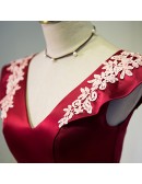 Burgundy Red Satin Vneck Party Homecoming Dress with Appliques
