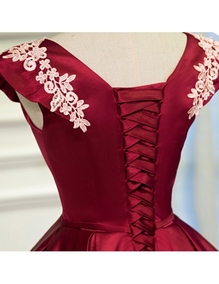 Burgundy Red Satin Vneck Party Homecoming Dress with Appliques