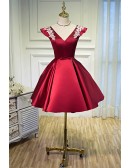 Burgundy Red Satin Vneck Party Homecoming Dress with Appliques
