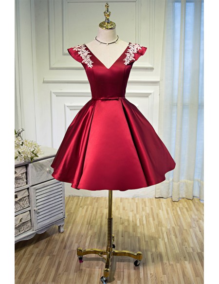 Burgundy Red Satin Vneck Party Homecoming Dress with Appliques