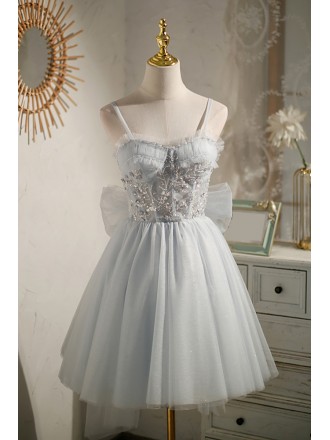 Elegant Grey Tulle Short Homecoming Dress with Big Bow In Back