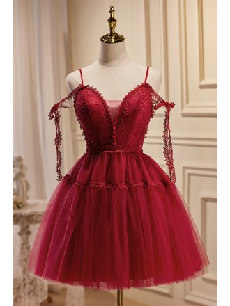 Pretty Burgundy Lace Short Tulle Homecoming Dress with Spaghetti Straps