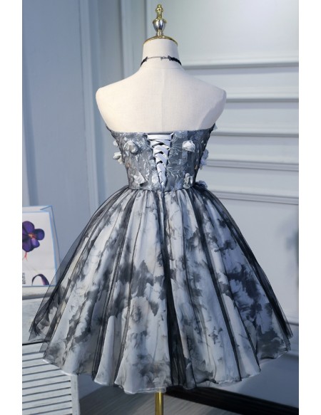 Unique Grey Tulle Flower Prints Short Ballgown Homecoming Prom Dress with Flowers