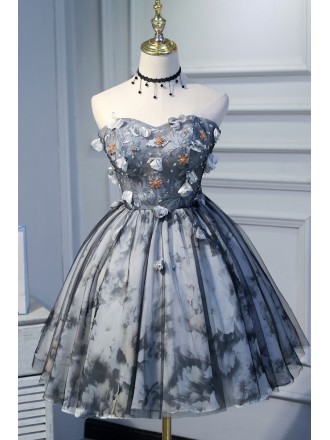 Unique Grey Tulle Flower Prints Short Ballgown Homecoming Prom Dress with Flowers