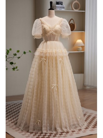 Retro Champagne Long Tulle Modest Prom Dress Vneck with Bubble Sleeves