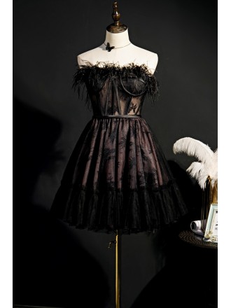 Unique Short Black Lace Homecoming Dress with Feathers