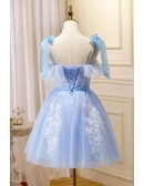 Cute Blue Short Tulle And Lace Homecoming Dress with Bow Knot Straps