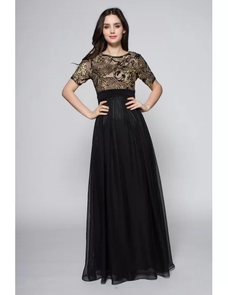 Black Gold Sequined Short Sleeve Chiffon Formal Dress
