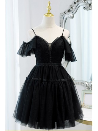 Little Black Lace Short Tulle Homecoming Dress with Cold Shoulder
