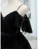 Little Black Lace Short Tulle Homecoming Dress with Cold Shoulder