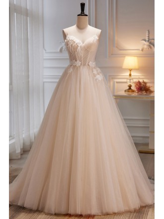 Pleated Top Flowers Ballgown Ivory Wedding Dress with Spaghetti Straps