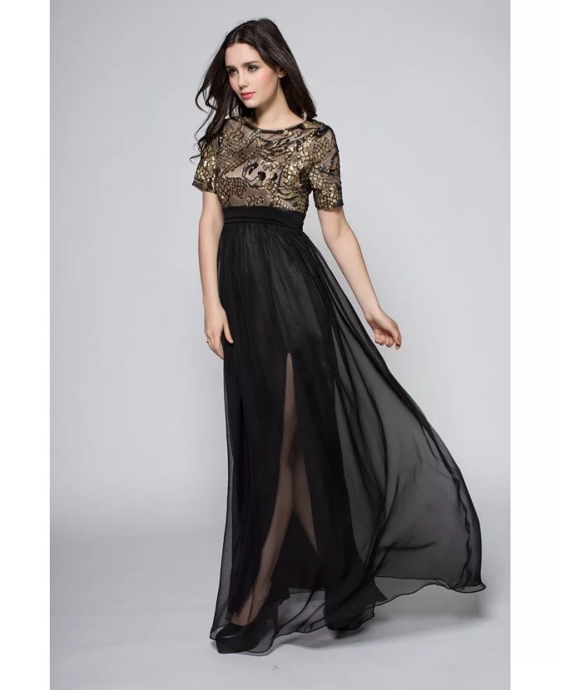 black and gold formal dress with sleeves