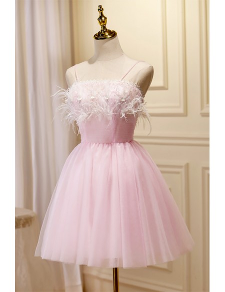 Simple Short Pink Tulle Homecoming Dress with Feathers